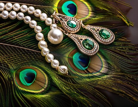 concept of roaring twenties peacock feather pearls and earrings with green stones