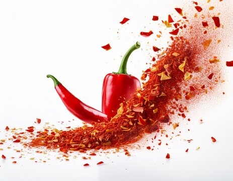 a crisp close up of dynamic motion red chili pepper flakes flying alongside a neat accumulation of chopped paprika isolated on white background or white background