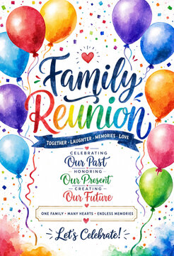 Family reunion celebration with colorful balloons and confetti on white background