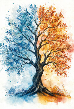 Tree with blue and orange leaves representing changing seasons in a natural setting
