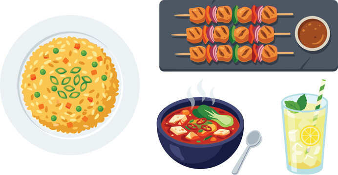 Asian Food and Beverage Vector Set Featuring Fried Rice Skewered Barbecue Noodle Soup and Fresh Lemon Drink Isolated on White Background