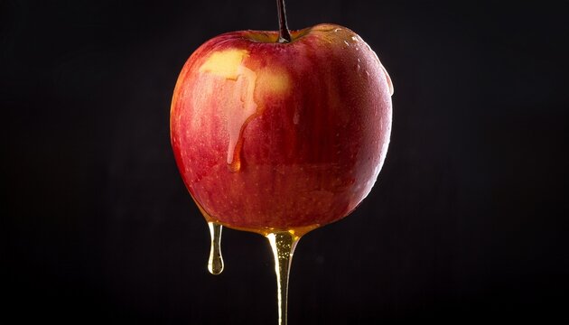 apple dripping with honey hanging off the bottom