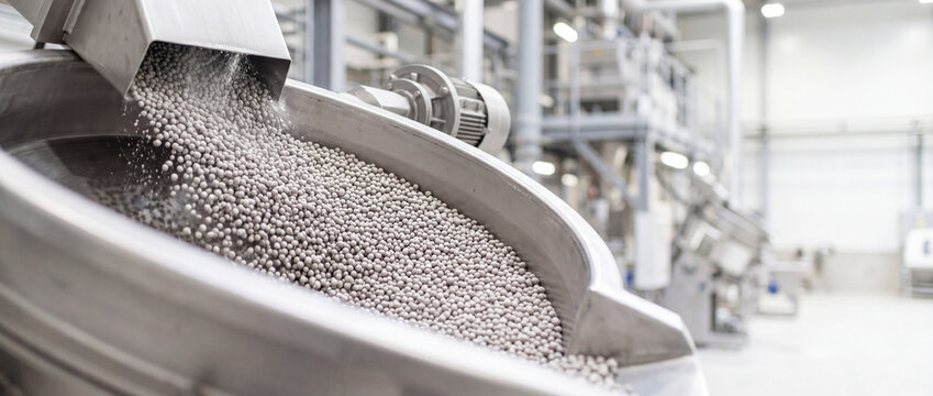 Industrial fertilizers production line in stainless steel mixer at modern manufacturing plant