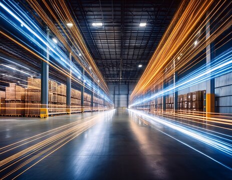 dynamic light trails in a modern warehouse