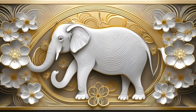 abstract relief design with a elephant and flowers white and gold
