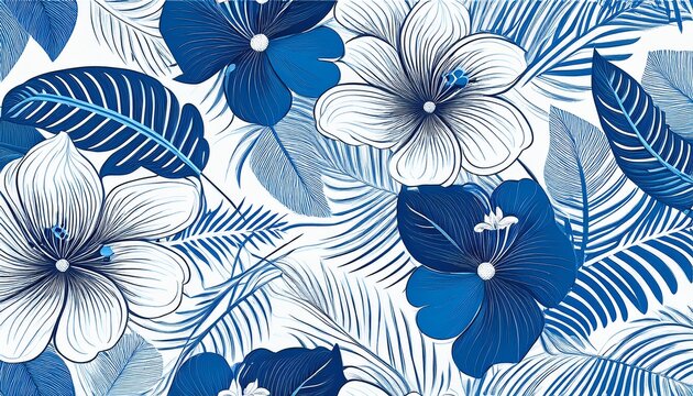 abstract blue leaves and blue tropical flowers seamless pattern leaves in blue and white seamless abstract botanical pattern