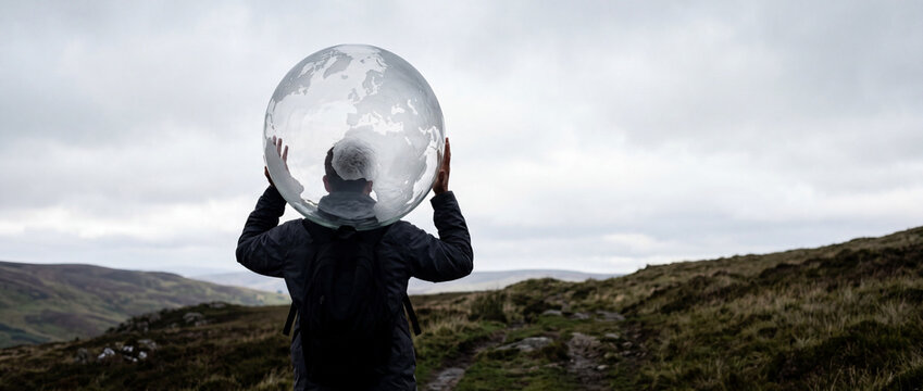 Man carrying reflective glass globe on rugged moorland path symbolizing global responsibility, world wide problems