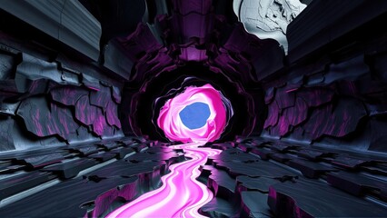 Fototapeta premium Dark tunnel glows with vibrant pink energy. Fractured stone walls lead toward bright light source. Mysterious, futuristic space.