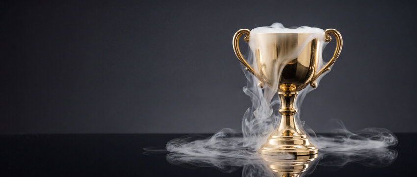 Golden trophy with rising smoke symbolizing victory, achievement, success and celebration on dark background