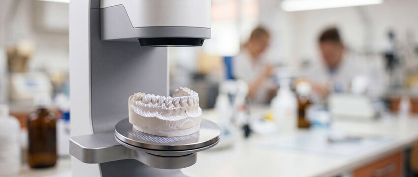 Dental 3D scanner scanning plaster teeth model in modern dental laboratory with technicians