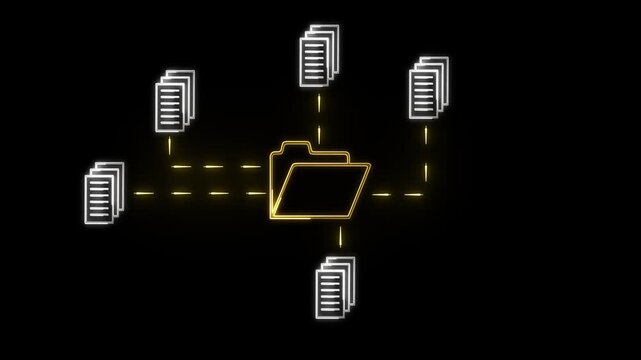 Neon white and yellow document management system icon connecting multiple files and folders, diagram illustrating a central folder connected icon to multiple stacks of documents.