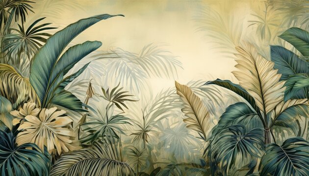 vintage background retro mural photo wallpaper jungle and graceful leaves tropical forest