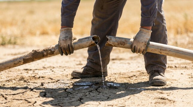Irrigation failure broken pipe water leak dry soil farm worker gloved hand metal pipe rural field maintenance water loss cracked ground