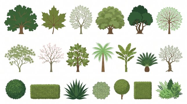 Architectural tree. Green trees top view. Silhouette various plants for landscape design and plans. Garden trees, bushes, shrubs for architectural entourage. Vector set