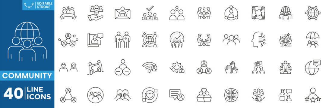 Community Teamwork Social Support Line Icons Set Editable Stroke Vector Collection