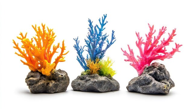 Three vibrant artificial coral plants on rock bases, isolated on a white background. Perfect for aquarium decor, marine-themed designs, or educational materials.