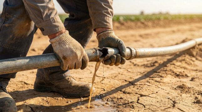 Irrigation pipe leak in dry field with worker hands fixing damaged metal hose and muddy water