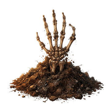 Detailed hand emerging from dark soil or compost pile with natural earthy background