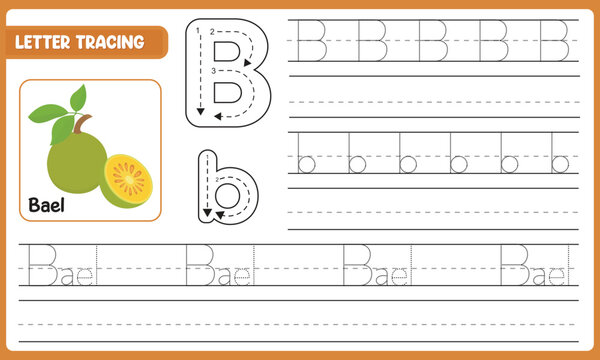 Vector Letter Tracing Worksheet For Kids Learn Alphabet B Bael With Guided Stroke Word Practice