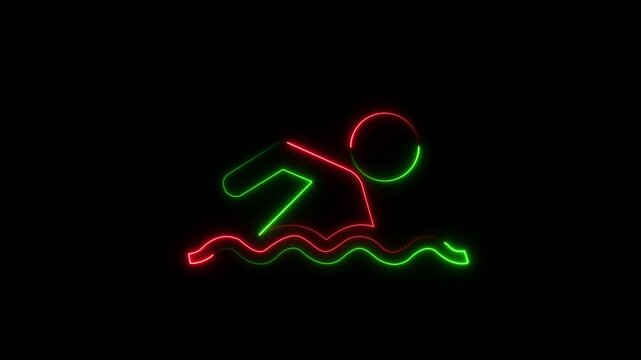 Neon Line Art Icon of Swimmer Diving into Water on Black Background.4k video