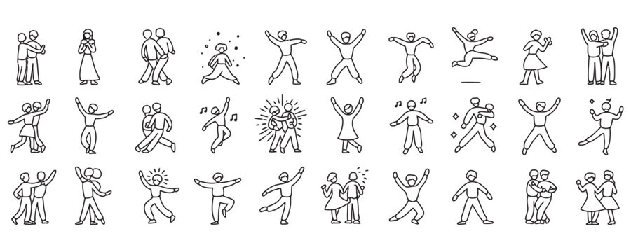 Collection of stick figure people dancing and celebrating in various poses and movements
