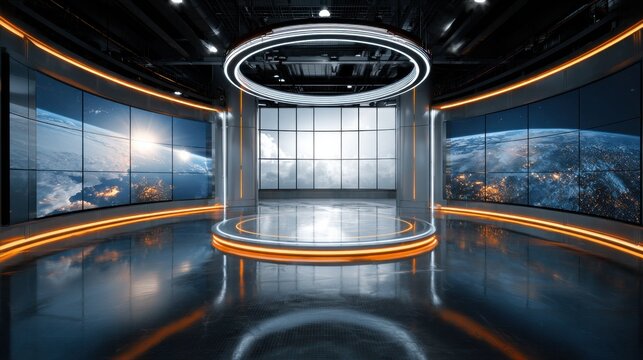 Futuristic virtual news studio set with circular lighting and earth display