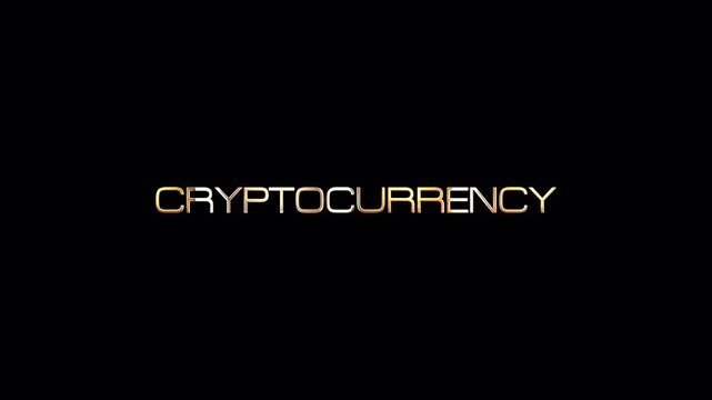 CRYPTOCURRENCY golden text with light glowing effect isolated with alpha channel Quicktime Prores 4444 encode. 4K 3D rendering seamless loop Crypto Currency isolate effect element for composition.