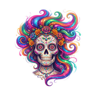 Colorful sugar skull with vibrant floral and swirl patterns