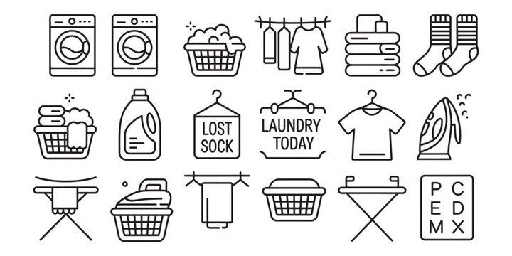 Laundry icons set including washing machine, Ironing board and lost sock