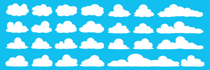 Fototapeta premium set of vector illustrations of clumpy clouds, cloud bubbles in flat style on a blue background 