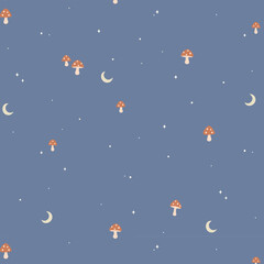 Fototapeta premium Cute Halloween Moon and Mushroom Seamless Pattern with Blue Night Sky Whimsical Spooky Background