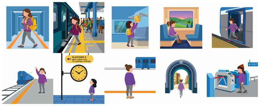 Young girl traveling by train illustration set, child traveler boarding, sitting inside, and leaving the railway station, commute journey concept.