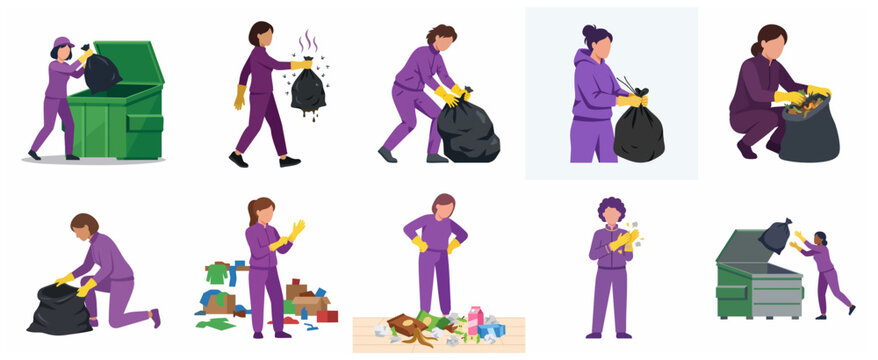 Set of female waste collector characters cleaning and managing garbage in flat vector style