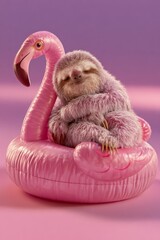 Fototapeta premium Pink Sloth Sleeping on Flamingo Pool Float