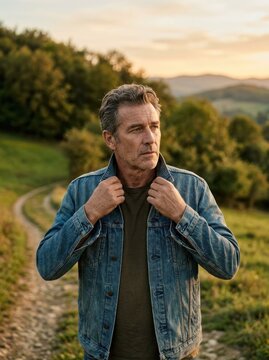 Thoughtful Man in Denim Jacket Standing on Rural Path at Sunset.
