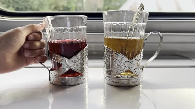 Child hand reaching hot tea in traditional glass holder inside passenger train, family railway journey, cozy travel atmosphere, authentic transportation experience and slow travel.