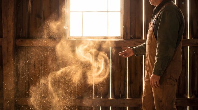 Side view of a farmer in overalls tossing dust into the air inside a backlit rustic wooden barn