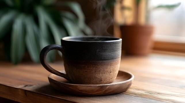 A steaming ceramic coffee mug rests on a wooden saucer beside green plants and soft natural light