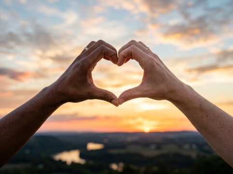 Two diverse hands forming a heart shape against a beautiful sunset sky.