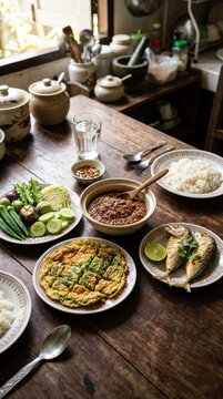 Traditional Thai Home-Cooked Meal with Omelette, Rice, and Vegetables on a Wooden Table.