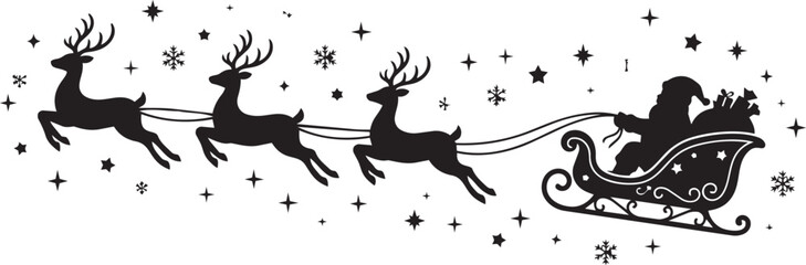 Santa claus riding in his magical flying sleigh pulled by three reindeer across a night sky filled with bright stars © Raihan