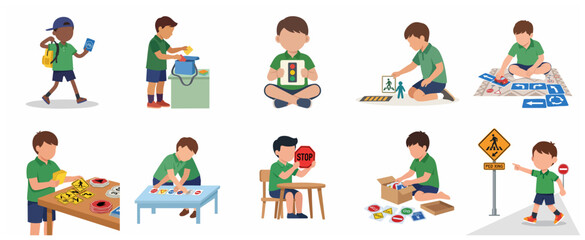 Fototapeta premium Children learning road safety and traffic signs vector illustrations set