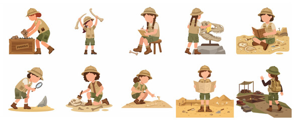 Set of cute kids as paleontologists and archaeologists digging and studying dinosaur fossils vector illustration © cantik