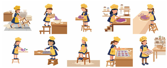 Set of cute little girls in chef hats and aprons baking cookies and kneading dough in a kitchen illustration