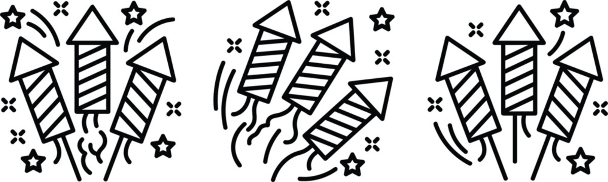 Black line fireworks rocket icons set isolated on a white background for celebration event party design concepts