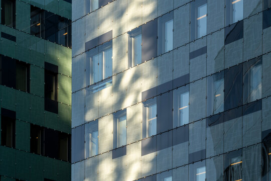 Modern architecture abstract details reveal an urban building facade, where exterior windows and geometry catch soft reflected light across pale cladding