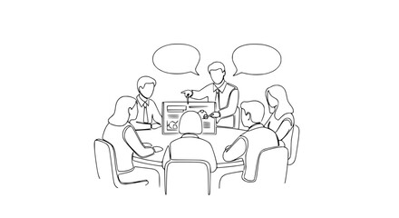 Fototapeta premium Business meeting illustration: team discussing ideas around table with charts and speech bubbles