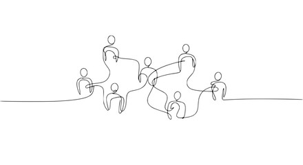 Continuous line drawing of diverse people connected, teamwork concept, minimal abstract design © Lancar