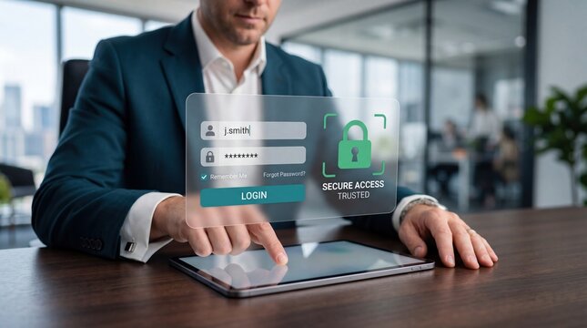 Businessman using secure login interface on tablet with holographic password entry screen