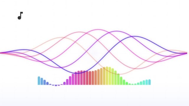 Abstract colorful sound wave equalizer and music note on white background.